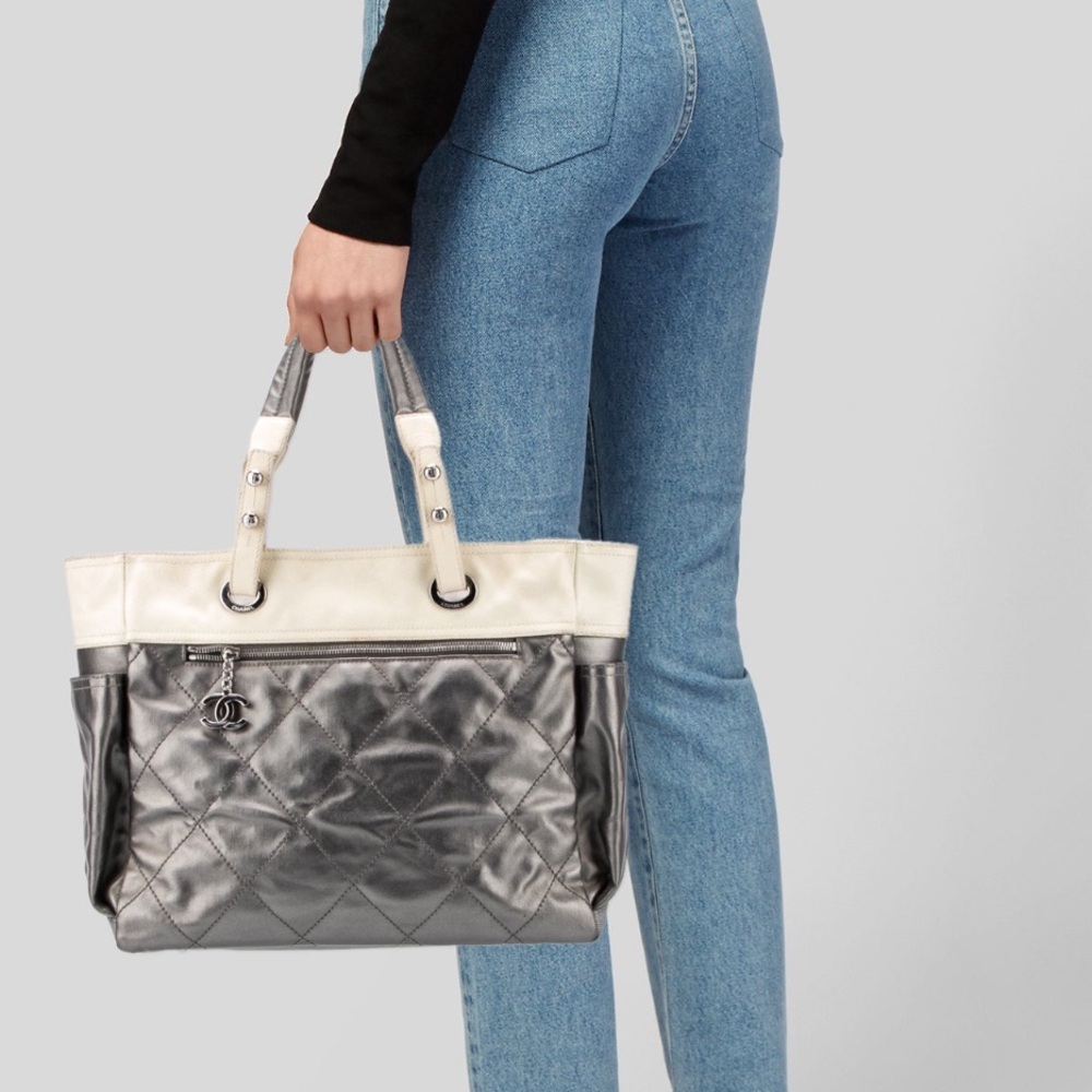 Chanel Silver Paris Biarritz GM Travel Tote Bag and Pouch